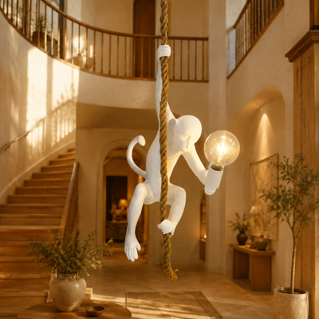 White resin monkey on rope hanging lamp in warm luxury interior