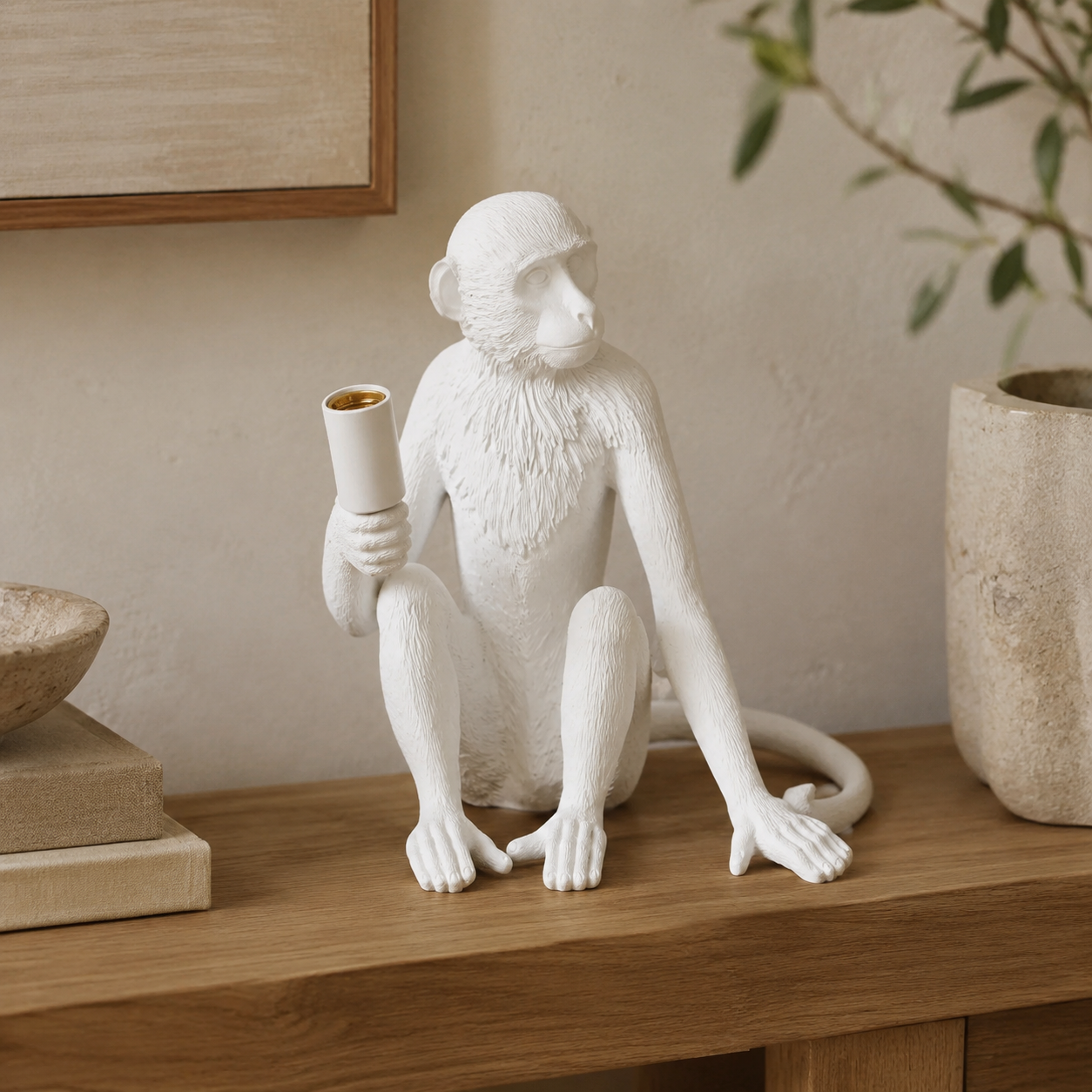 XL white resin monkey lamp excluding globe in warm luxury interior