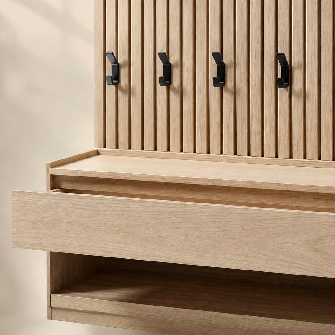 York cloak Oak Slatted wall Unit - craftsmanship detail
