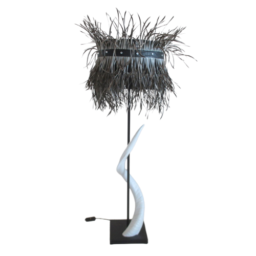Black Leather base Kudu Inner Horn Lamp with Splitgoose Feather Shade Unique Boys