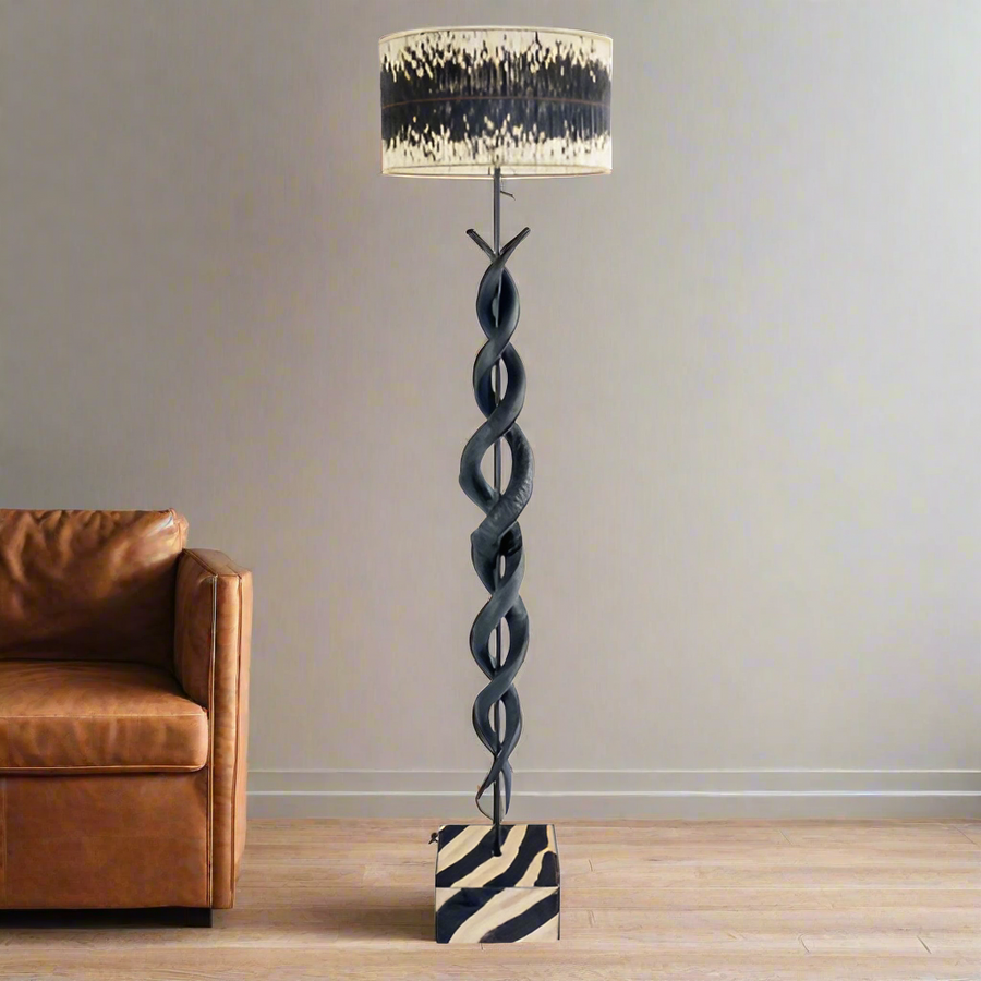 Black kudu horn double twist standing lamp & quill drum shade - Unique Boys