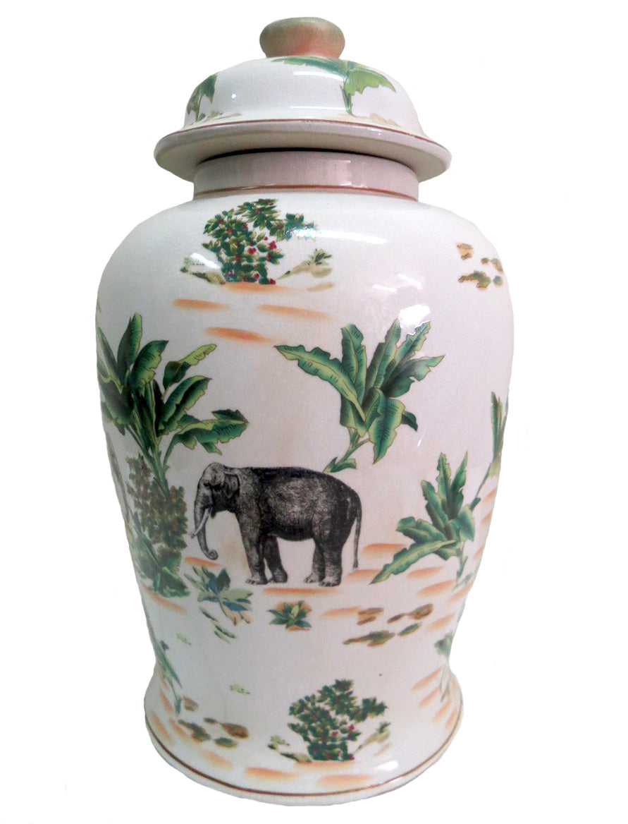 Bring Exotic Elegance to Your Space with the Palm Elephant Ginger Jar
Add a touch of the exotic East to your home or office with the stunning Palm Elephant Ginger Jar. This beautiful ceramic jar features vivid, hand-painted images of an elephant and palm leaves, evoking a sense of tropical elegance.
Hand-Painted Masterpiece
Crafted from fine ceramic, this jar is a true masterpiece of craftsmanship. The intricate, hand-painted design adds a touch of uniqueness and sophistication to any room.
Perfect Size