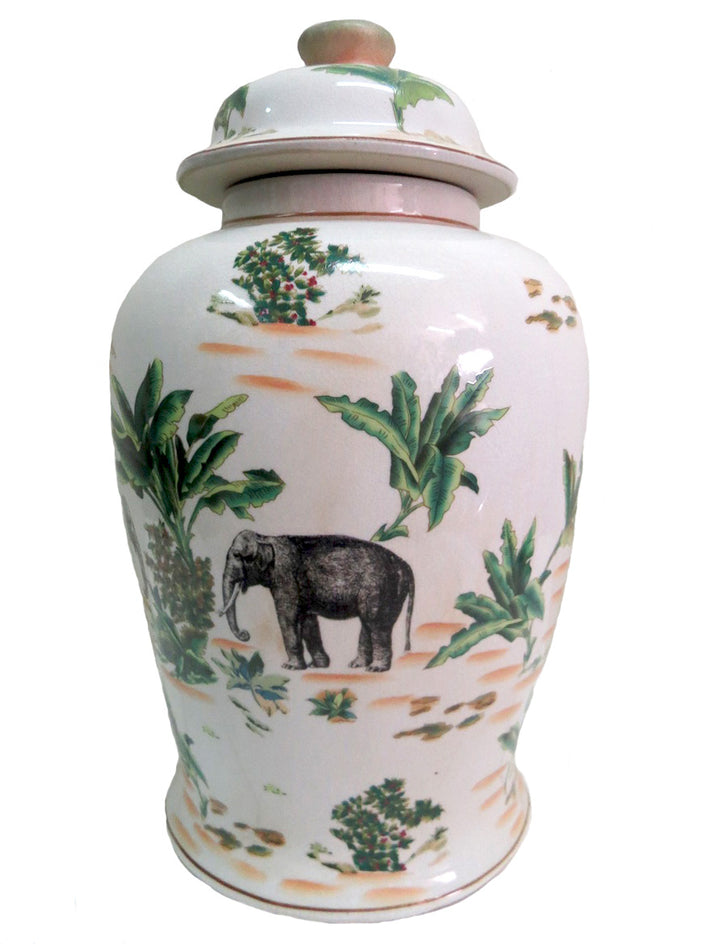 Bring Exotic Elegance to Your Space with the Palm Elephant Ginger Jar
Add a touch of the exotic East to your home or office with the stunning Palm Elephant Ginger Jar. This beautiful ceramic jar features vivid, hand-painted images of an elephant and palm leaves, evoking a sense of tropical elegance.
Hand-Painted Masterpiece
Crafted from fine ceramic, this jar is a true masterpiece of craftsmanship. The intricate, hand-painted design adds a touch of uniqueness and sophistication to any room.
Perfect Size
