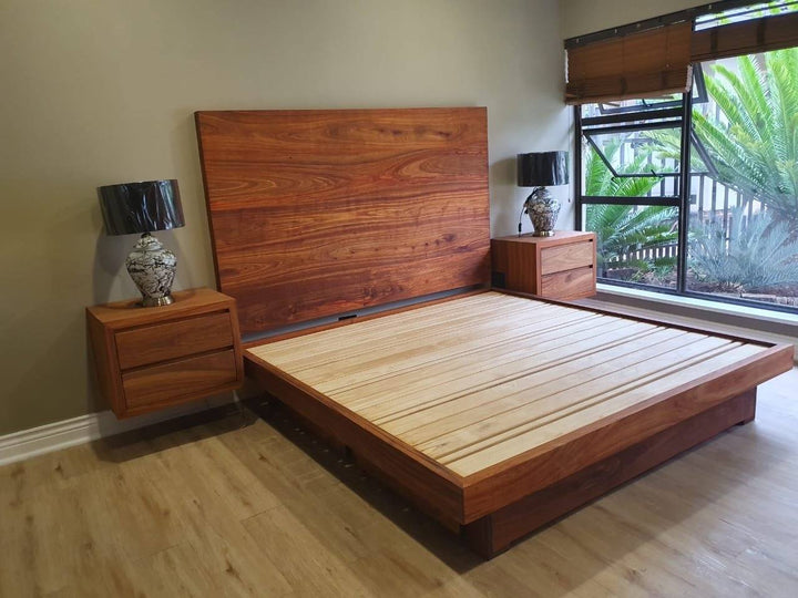 Handcrafted solid Kiaat king-size bed with timber headboard